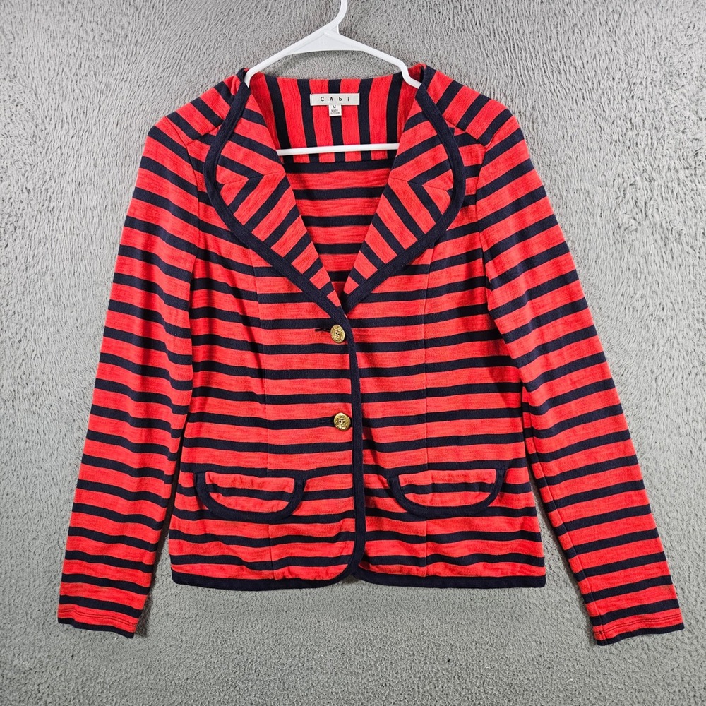 Cabi Womens Red Navy Striped‎ Knit Blazer Jacket Gold Anchor Buttons Size M
